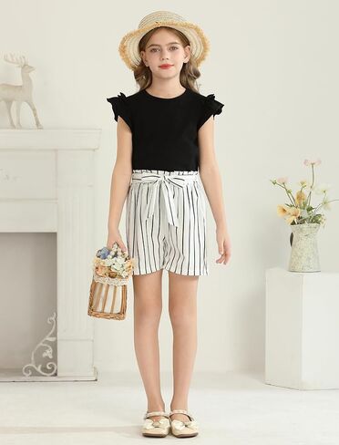 Girls Clothes Cute Ruffle Short Sleeve Shirts Top High Waist Shorts Set with Pockets Summer Outfits for Girls in Saudi Arabia