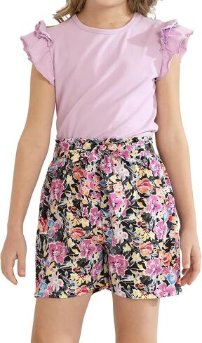 Girls Clothes Cute Ruffle Short Sleeve Shirts Top High Waist Shorts Set with Pockets Summer Outfits for Girls in Saudi Arabia
