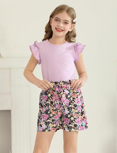Girls Clothes Cute Ruffle Short Sleeve Shirts Top High Waist Shorts Set with Pockets Summer Outfits for Girls in Saudi Arabia