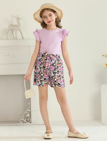 Girls Clothes Cute Ruffle Short Sleeve Shirts Top High Waist Shorts Set with Pockets Summer Outfits for Girls in Saudi Arabia