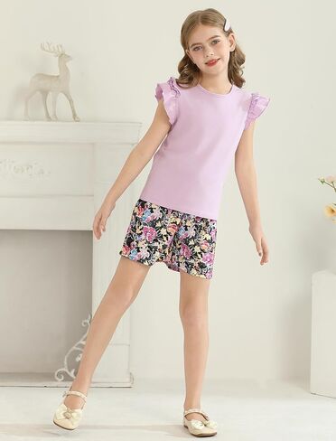 Girls Clothes Cute Ruffle Short Sleeve Shirts Top High Waist Shorts Set with Pockets Summer Outfits for Girls in Saudi Arabia