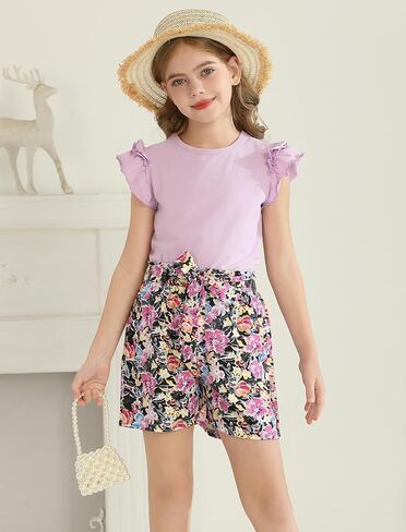 Girls Clothes Cute Ruffle Short Sleeve Shirts Top High Waist Shorts Set with Pockets Summer Outfits for Girls in Saudi Arabia