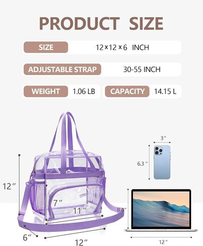 Clear Bag for Stadium Events 12x12x6 Clear Tote Bag with Large Front Pocket Removable Strap for Work Sports Concert in Kuwait