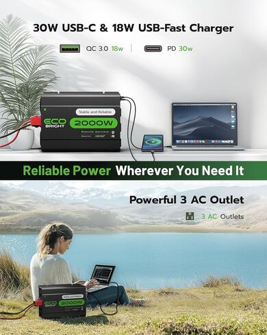 2000 واط العاكس للطاقة للمركبات واستخدام المنازل ، DC 12V إلى AC 110V محول الجهد مع 3 منافذ التيار المتردد ، منافذ USB PD30W و 18W للكمبيوتر المحمول ، الهاتف ، مثالي للربع ، التخييم ، النسخ الاحتياطي للمنزل ، الشاحنة ، القوارب in Kuwait