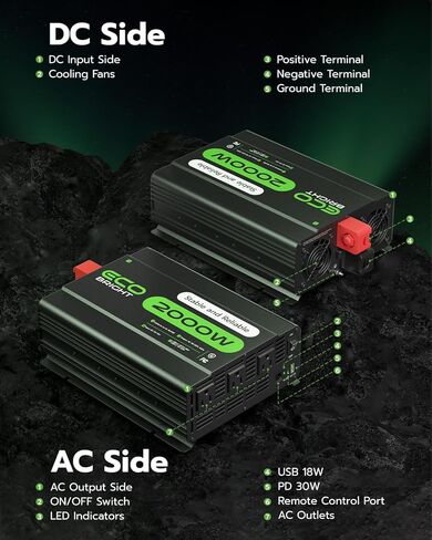 2000 واط العاكس للطاقة للمركبات واستخدام المنازل ، DC 12V إلى AC 110V محول الجهد مع 3 منافذ التيار المتردد ، منافذ USB PD30W و 18W للكمبيوتر المحمول ، الهاتف ، مثالي للربع ، التخييم ، النسخ الاحتياطي للمنزل ، الشاحنة ، القوارب in Kuwait