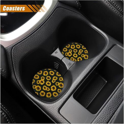 4PCS Sunflower Car Accessories Set, Universal 14-15 Inch Steering Wheel Cover & Quarter Keyring & 2 Cup Holder Coasters, Fashionable Car Interior Decoration for Women Men (Sunflower) in Kuwait