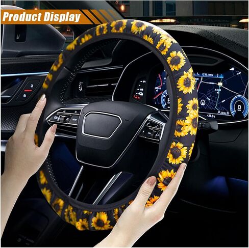 4PCS Sunflower Car Accessories Set, Universal 14-15 Inch Steering Wheel Cover & Quarter Keyring & 2 Cup Holder Coasters, Fashionable Car Interior Decoration for Women Men (Sunflower) in Kuwait