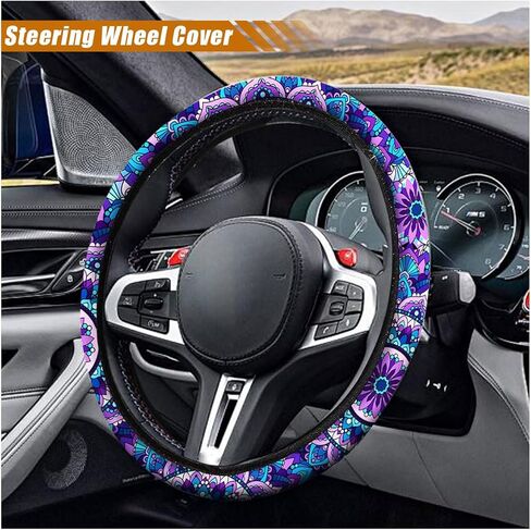 4PCS Sunflower Car Accessories Set, Universal 14-15 Inch Steering Wheel Cover & Quarter Keyring & 2 Cup Holder Coasters, Fashionable Car Interior Decoration for Women Men (Sunflower) in Kuwait