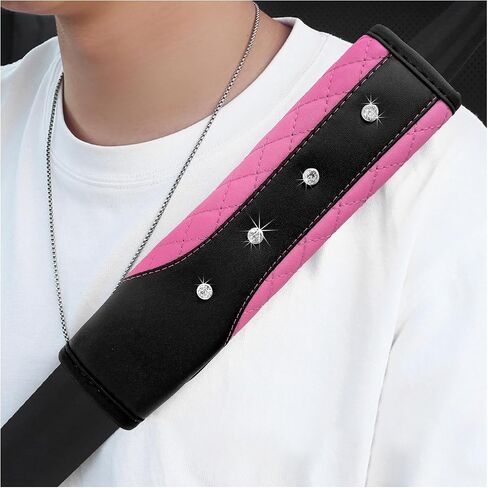 2PCS Bling Car Seat Belt Covers, Leather Soft Seat Belt Shoulder Pad Cushion with Diamond, Sparkling Seatbelt Strap Neck Shoulder Protective Cover for More Comfortable Driving (Pink) in Saudi Arabia