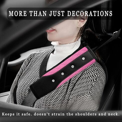 2PCS Bling Car Seat Belt Covers, Leather Soft Seat Belt Shoulder Pad Cushion with Diamond, Sparkling Seatbelt Strap Neck Shoulder Protective Cover for More Comfortable Driving (Pink) in Saudi Arabia
