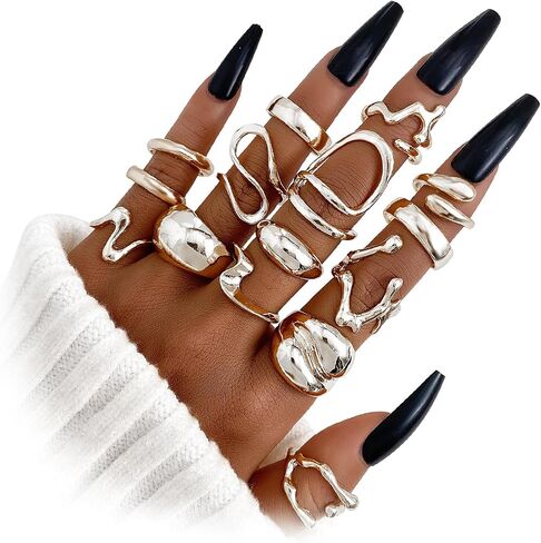 17IF 10-15 Pcs Gold Ring Set for Women Chunky Classic Dainty Boho Aesthetic Punk Thick Line Big Size Simple Stacking on Thumb Knuckle Rings Pack in Kuwait