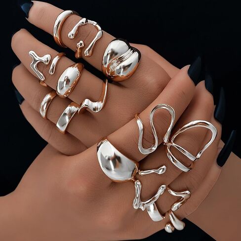 17IF 10-15 Pcs Gold Ring Set for Women Chunky Classic Dainty Boho Aesthetic Punk Thick Line Big Size Simple Stacking on Thumb Knuckle Rings Pack in Kuwait