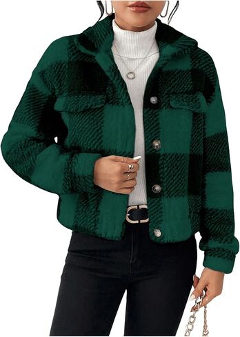 SOLY HUX Women's Plaid Fleece Jacket Button Down Long Sleeve Drop Shoulder Fuzzy Sherpa Jacket Outerwear in Saudi Arabia