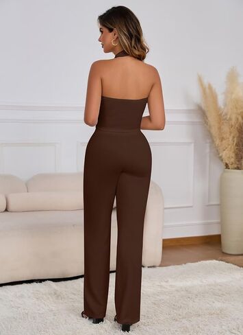 Two Piece Sets for Women Summer V Neck Button Down Sleeveless Halter Vest Tops Wide Leg Pants Sets Matching Sets in Saudi Arabia