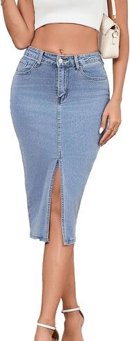 Women's Casual Jean Skirt High Waist Slit Midi Denim Skirt in Kuwait