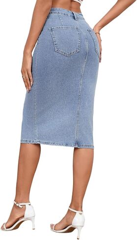 Women's Casual Jean Skirt High Waist Slit Midi Denim Skirt in Kuwait
