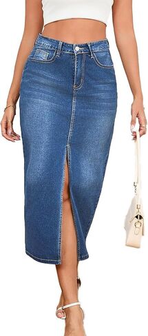 Women's Casual Jean Skirt High Waist Slit Midi Denim Skirt in Saudi Arabia