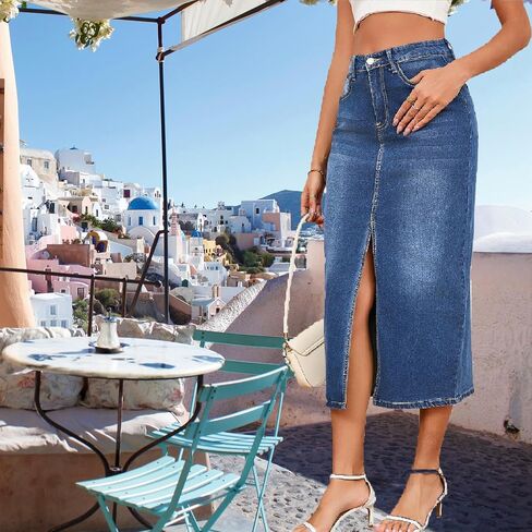 Women's Casual Jean Skirt High Waist Slit Midi Denim Skirt in Saudi Arabia