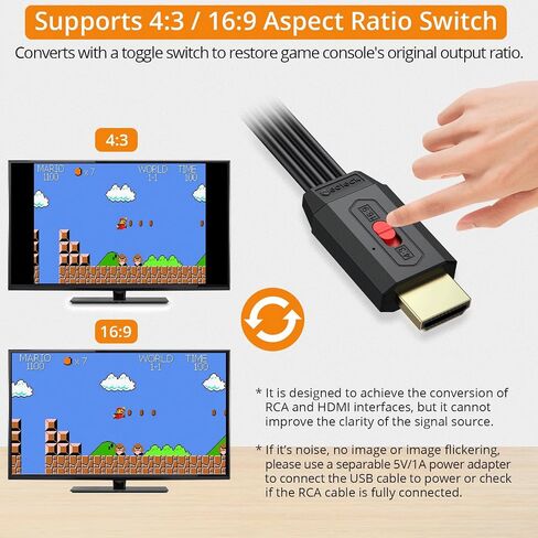 محول Neoteck RCA إلى HDMI بطول 150 سم/5 قدم RCA إلى كابل HDMI يدعم تحويل 16:9/4:3 كبل RCA مدمج للأفلام القديمة أو توصيل مقاطع الفيديو الحياتية وتشغيلها على نطاق واسع في مشغل DVD VCR - مدخل RCA ذكر in Saudi Arabia