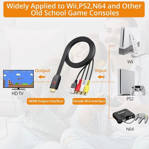 محول Neoteck RCA إلى HDMI بطول 150 سم/5 قدم RCA إلى كابل HDMI يدعم تحويل 16:9/4:3 كبل RCA مدمج للأفلام القديمة أو توصيل مقاطع الفيديو الحياتية وتشغيلها على نطاق واسع في مشغل DVD VCR - مدخل RCA ذكر in Saudi Arabia