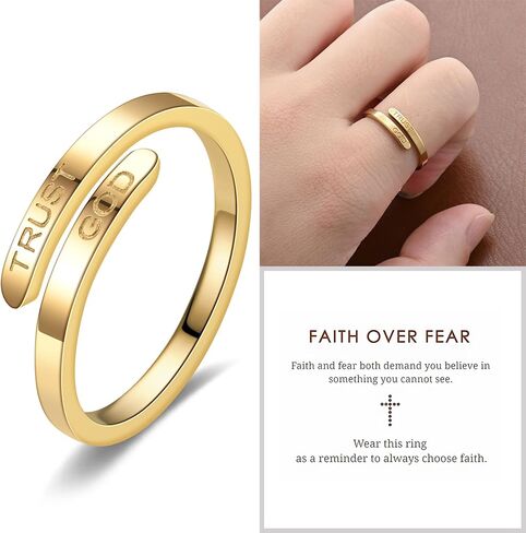 Liu Jun Trust God Ring for Women ، حلقة ملهمة محفورة الثقة الله أزياء الفولاذ المقاوم للصدأ الحلقات الدينية القابلة للتعديل in Kuwait
