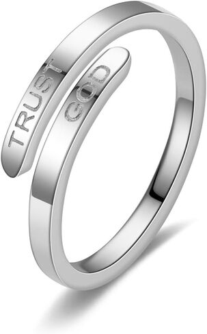 Liu Jun Trust God Ring for Women ، حلقة ملهمة محفورة الثقة الله أزياء الفولاذ المقاوم للصدأ الحلقات الدينية القابلة للتعديل in Kuwait