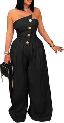 HuiSiFang Women's Sexy Tube Top Strapless Jumpsuits Casual Button High Waist Loose Wide Leg Jumpsuits Romper Streetwear in Kuwait