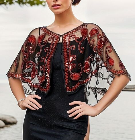Sequin Shawl Cape for Women Formal,Black, Mesh Evening Wrap,1920s Art Lace Deco Beaded Capelet, Formal Cover Up in Saudi Arabia