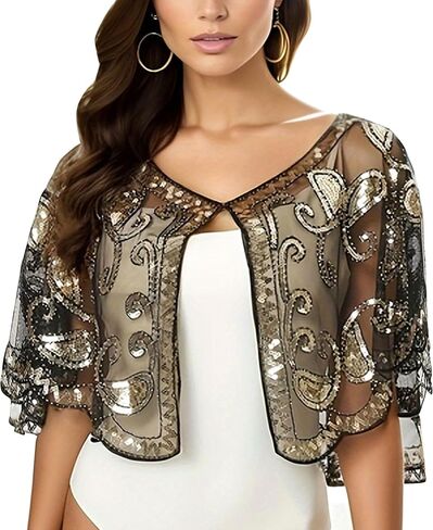 Sequin Shawl Cape for Women Formal,Black, Mesh Evening Wrap,1920s Art Lace Deco Beaded Capelet, Formal Cover Up in Saudi Arabia