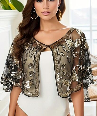 Sequin Shawl Cape for Women Formal,Black, Mesh Evening Wrap,1920s Art Lace Deco Beaded Capelet, Formal Cover Up in Saudi Arabia