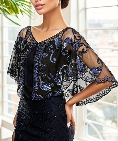 Sequin Shawl Cape for Women Formal,Black, Mesh Evening Wrap,1920s Art Lace Deco Beaded Capelet, Formal Cover Up in Saudi Arabia