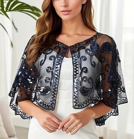 Sequin Shawl Cape for Women Formal,Black, Mesh Evening Wrap,1920s Art Lace Deco Beaded Capelet, Formal Cover Up in Saudi Arabia