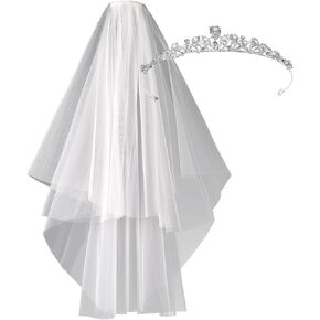 Bridal Veil with Bridal Crown Headpiece, White Lace Wedding Veil and Bride Crown, Perfect for Bride, Bachelorette Party and Wedding Party Decoration
