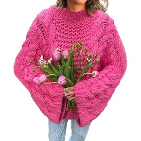 Women's Casual Oversized Sweaters Y2K Chunky Knit Pullover Tops Loose Sleeves Crew Neck Cable Knitted Sweater Tops