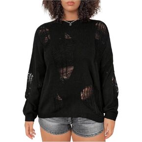 Women's Plus Size Distressed Sweater Hollow Out Crew Neck Ripped Sweaters Long Sleeve Knit Tops