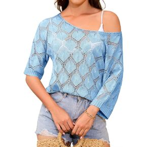 Womens Spring Summer Off Shoulder Sweaters Scoop Neck Crochet Tops Hollow Out 3/4 Sleeve Pullover Sweater Shirts