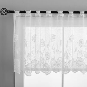 FINECITY White Lace Valance 22 Inch Length 1 Panel W66 x L22 in Peony Flower Scalloped Bottom Sheer Valance Curtain for Kitchen Windows Over Blinds, Privacy Punched Holes Vintage Valance Curtain