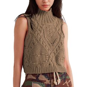 Womens Turtleneck Sweater Vest Crochet Cable Knit Sleeveless Vest Tops Casual Summer Boho Chunky Tank Pullover