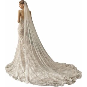 Pearl Cathedral Length Wedding Bridal Veil with Metal Comb for Bride