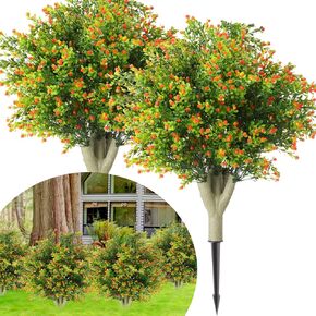 Giegxin 2 Pack 23.6'' Artificial Boxwood Topiary Ball Tree with Ground Spike UV Resistant Faux Potted Plants Fake Shrub Bushes with Orange Fruits Evergreen Topiary for Outdoor Indoor Garden Yard
