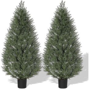 3 FT Artificial Topiary Cedar Trees, 2 PCS Artificial Plants Outdoor with Realistic Moss & Pot, UV Rated Fake Plants for Front Porch Decor, Living Room