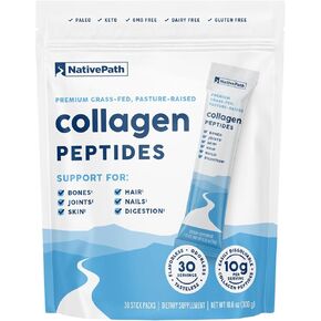 NativePath Collagen Peptides Protein Stick Packs - Hydrolyzed Type 1 & 3 Collagen Powder for Skin, Hair, Nails - 30 Servings
