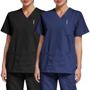 Vogrye 2 Pack Scrub Tops for Woman - Soft Stretch ، F -neck Top Scrubs مع 3 جيوب ، رعاية سهلة للنساء