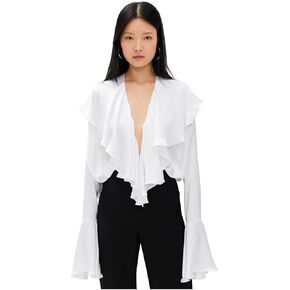 Norma Kamali Women's Long Sleeve Deep V Ruffle Bodysuit