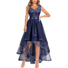 Miusol Women's V-Neck Elegant Sequin Lace Ruched Sleeveless Hi-Lo Party Dress
