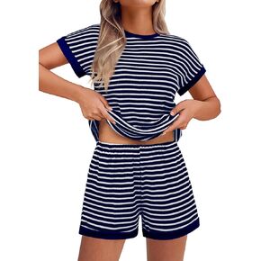 Ekouaer Waffle Knit Lounge Set Women Stripe Pajama Sets Short Sleeve Pj Tops and Shorts Matching loungewear with Pockets