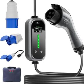 Portable Level 2 EV Charger - 16A Electric Vehicle Charger for J1772, 25FT Extension Cable, NEMA 6-20 Plug & CEE Industrial Adapter, Support up to 48A with Wall Connection, Compatible with J1772 EVs