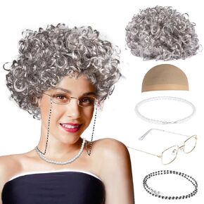 Granny Wig Old Lady Costume Set Old Lady Light Gray Granny Wig Glasses Wig Cap Faux Pearl Bead Necklace Glasses Chain for Party Halloween