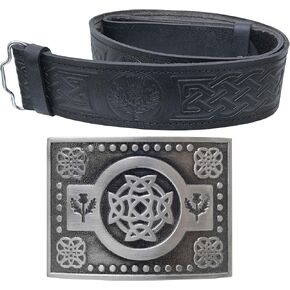 Kilt Belt and Buckle Set, Scottish Thistle Embossed Belt with Antique Celtic Trinity Buckles Pewter - Kilt Belts for Men