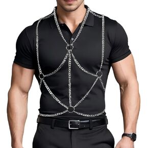 Men's Chest Harness Belt Chain Costume, Sexy Body Harness Belt for Men, Male Chest Harness Muscle Show Fashion Uniform Clubwear for Cosplay Party Nightclub (Silver)